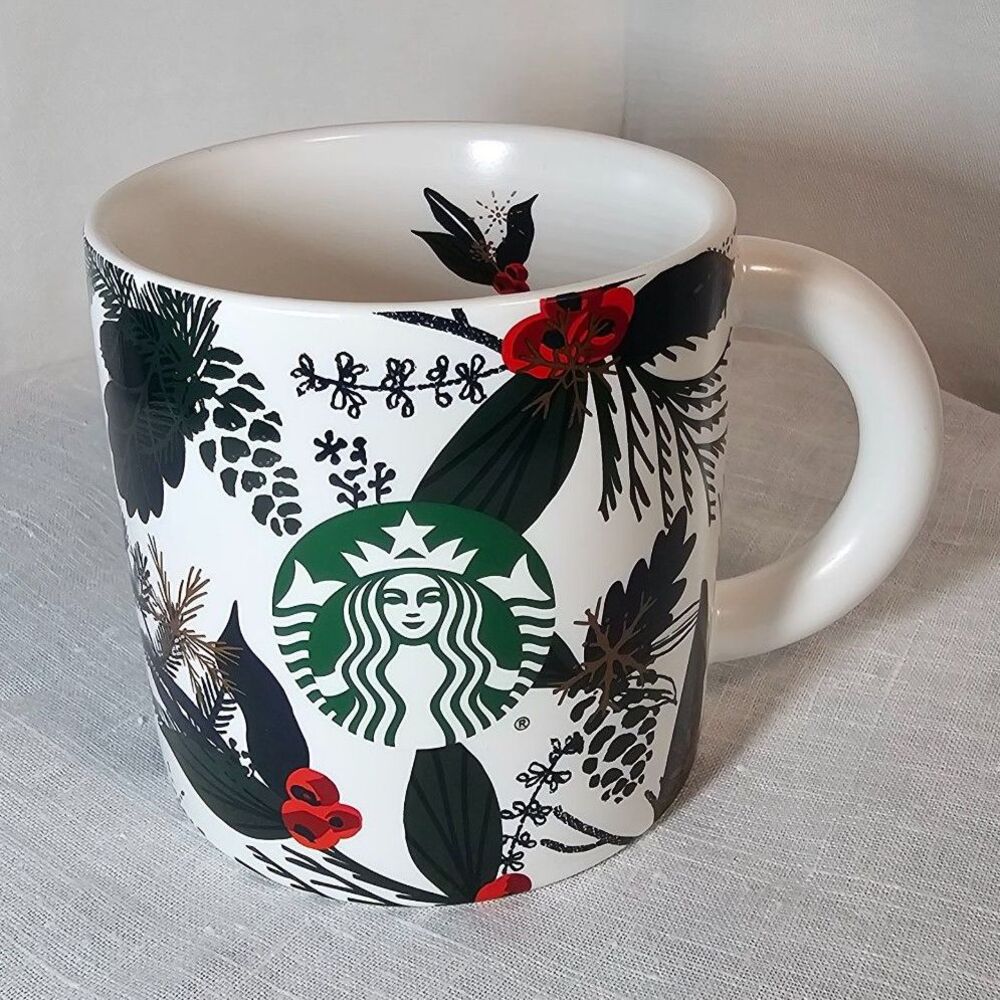 Starbucks 2021 Christmas Coffee Mug w Holly & Pinecones on it 12 oz
